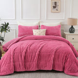 Jessy Home 3 Piece Queen Comforter Set Flannel Lambswool Striped Shape Quilts Set Double Sided Design Bedspread
