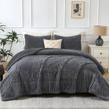 Jessy Home 3 Piece Queen Comforter Set Flannel Lambswool Striped Shape Quilts Set Double Sided Design Bedspread