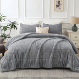 Jessy Home 3 Piece Queen Comforter Set Flannel Lambswool Striped Shape Quilts Set Double Sided Design Bedspread