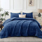 Jessy Home 3 Piece Queen Comforter Set Flannel Lambswool Striped Shape Quilts Set Double Sided Design Bedspread