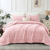 Jessy Home 3 Piece Queen Comforter Set Flannel Lambswool Striped Shape Quilts Set Double Sided Design Bedspread