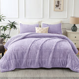Jessy Home 3 Piece Queen Comforter Set Flannel Lambswool Striped Shape Quilts Set Double Sided Design Bedspread