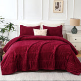 Jessy Home 3 Piece Queen Comforter Set Flannel Lambswool Striped Shape Quilts Set Double Sided Design Bedspread