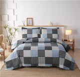 Anray Home Plaid Quilt Set Bedding Blue Black Stripe Checkered Patchwork Bedspread Reversible Coverlet Soft Microfiber Quilt