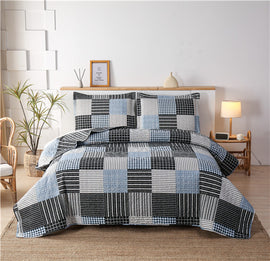 Anray Home Plaid Quilt Set Bedding Blue Black Stripe Checkered Patchwork Bedspread Reversible Coverlet Soft Microfiber Quilt