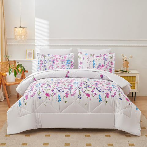 Comforter Set 3 Pieces Purple Floral Bedding Set