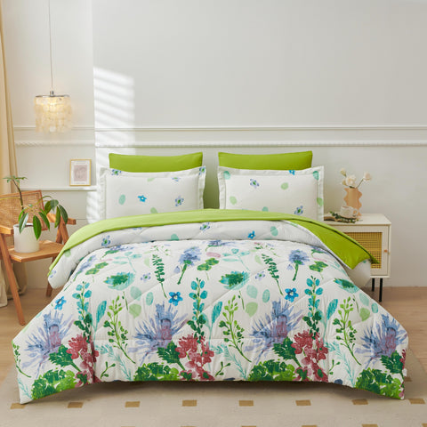 Comforter Set 3 Pieces Purple Green Floral Bedding Set