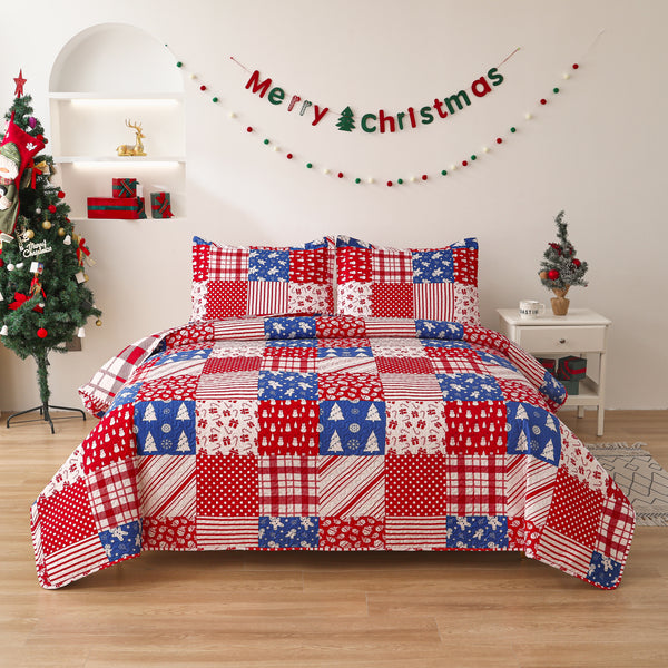 Christmas Floral Quilt Set Queen/Full Size Quilts Lightweight Bedspread Coverlet Set Red check gift