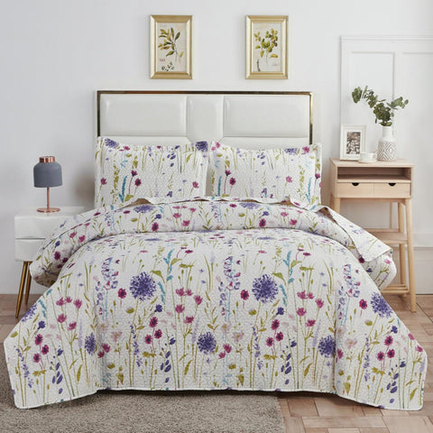 Quilts Set Blue Purple Green Flower Bedding Microfiber Bedspread Set