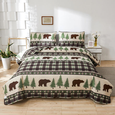Rustic Quilts Plaid Bear Bedspread Microfiber Coverlet Set