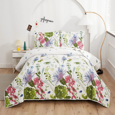Quilts Set Green Purple Floral Quilt Microfiber Bedspread Set