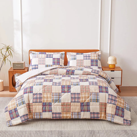 Comforter Set 3 Pieces Beige Plaid Bedding Set