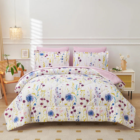 Comforter Set 3 Pieces Blue Purple Green Flower Bedding Set