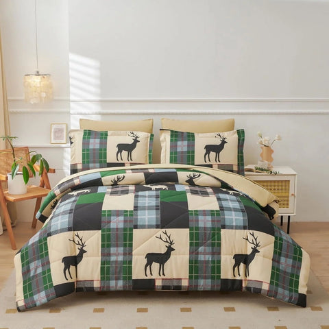 Comforter Set 7 Pieces Dark Green Deer Bedding Set