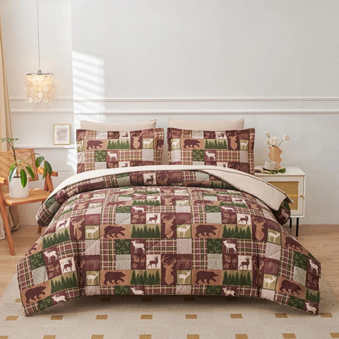 Comforter Set 7 Pieces Green Pine Brown Deer Bedding Set