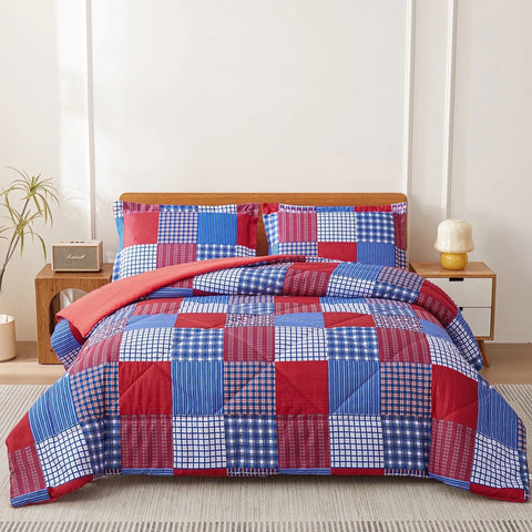 Comforter Set 3 Pieces Red Blue Plaid Bedding Set