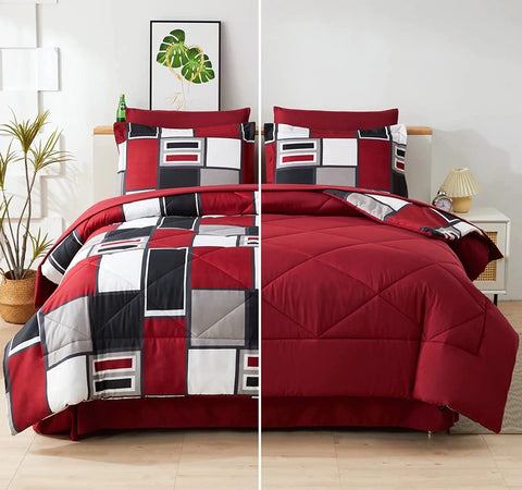 Comforter Set 8 Pieces Red White Plaid Bedding Set