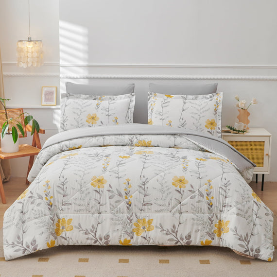 Smuge 7 Pcs Floral Bedding Comforter Sets Flower Comforter Set Bed in a Bag with Fitted Sheet,Flat Sheet,Pillowcases & Shams,Yellow Botanical Plant Leaves Bed Set Garden Home Decor
