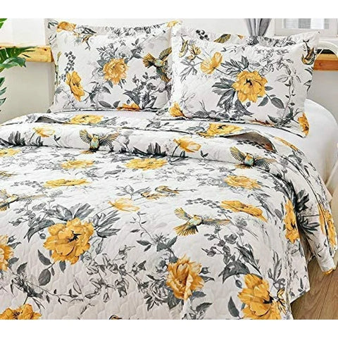 Comforter Set 3 Pieces Vintage Yellow Bird  Bedding Set