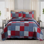 Plaid Patchwork Quilts Set  Red Blue Bedspread Soft Microfiber Coverlet
