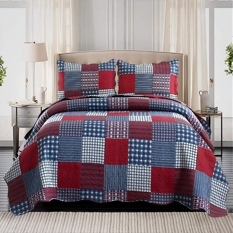Plaid Patchwork Quilts Set  Red Blue Bedspread Soft Microfiber Coverlet