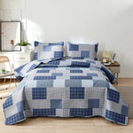 Jessy Home Patchwork Bedspread Set Twin/Queen/King Size Grey Blue Plaid Quilt Microfiber Coverlet