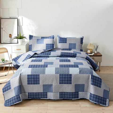 Patchwork Quilts Set Grey Blue Plaid Quilt Microfiber Coverlet