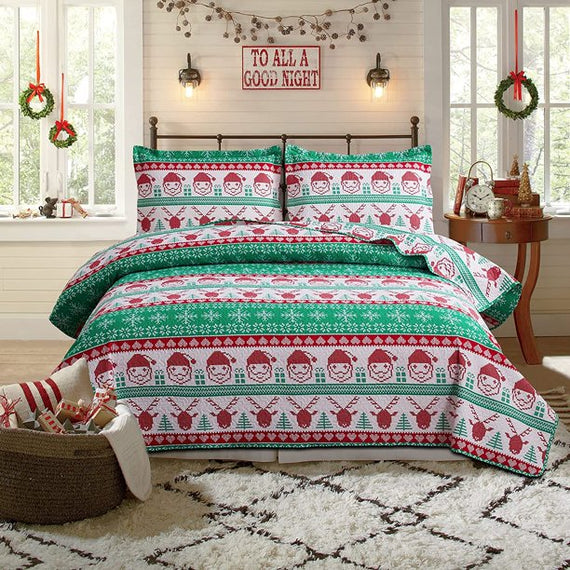 Twin Size Quilt Set Christmas Bedding Lightweight Reversible Christmas Bedspread Coverlet Home Christmas Quilt Snowflake Santa Claus Bed Set Lodge Holiday Quilt Bedding Red Green Stripe Quilt