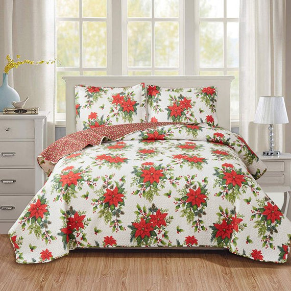 Jessy Home Quilt Set Twin Size Xmas Poinsettia Floral Reversible Microfiber Bedspread Coverlet