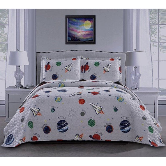 Jessy Home Kids Quilt Set Twin 3 Pieces Polyester Bedspread Outer Space Gray Bedding Coverlet Set