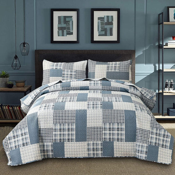 Blue White Plaid Quilts Queen/Full Size Lightweight Patchwork Quilt Summer Soft Breathable Check Bedspread Gingham Bedding Checker Pattern Coverlet Bed Cover Set Geometric Home Decor
