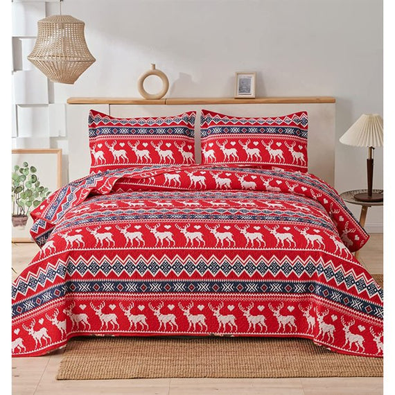 Jessy Home Reindeer Quilt Twin Boho Bedding Coverlet Polyester Red Bedspread
