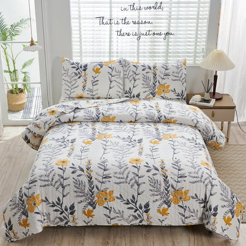 Jessy Home Twin/Queen/King Quilt Set Yellow Floral Reversible Microfiber Bedspread