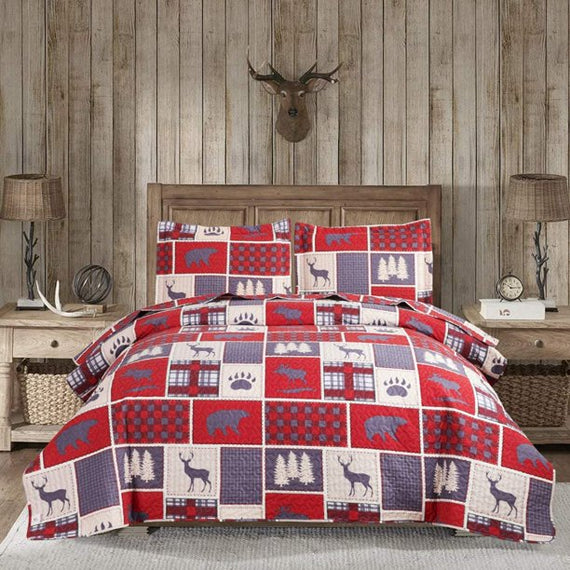 Jessy Home Plaid Quilt King Rustic Cabin Bedspread Coverlet Set Polyester Red Bedding