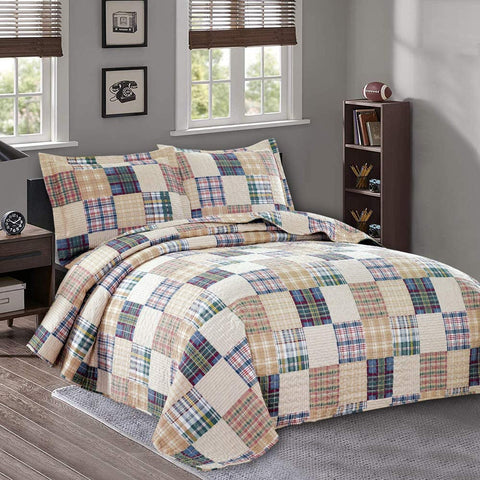 Quilt Set King Size Plaid Bedspread Coverlet King Quilts Patchwork Bedding Mens Plaid Collection Quilt Bedspread Lightweight Reversible Quilt Bedding Set King Bedspread with Pillow Shams,Beige