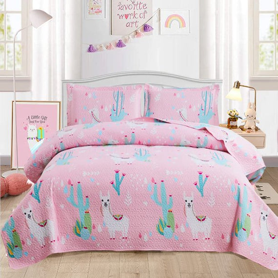 Jessy Home Kids Bedding Set Twin Girl Alpaca Cactus Microfiber Bedspread Coverlet Pink Quilt