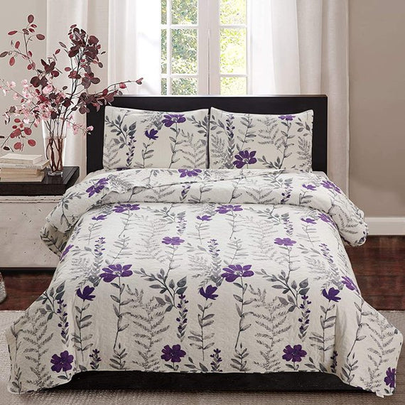 Purple Flower Quilt Twin Floral Bedspread Soft Bedding Coverlet Set