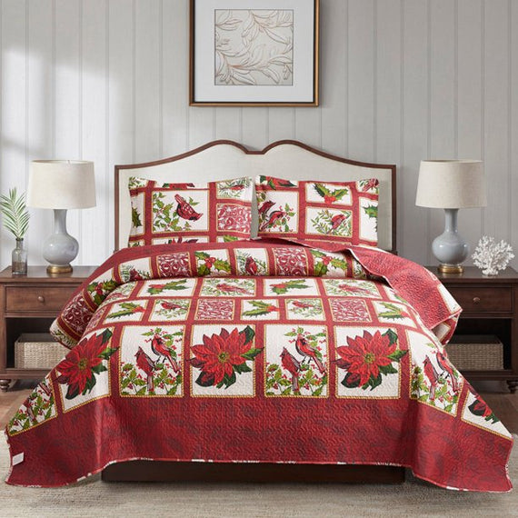 Jessy Home Bird Quilt Twin Size Red Floral Bedding Sets Microfiber Bedspread Coverlet