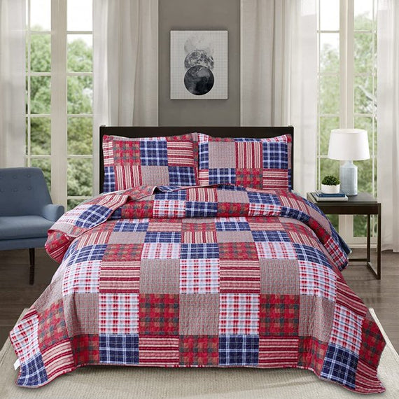Jessy Home Queen/Full Size Quilt Set Red White Patchwork Quilt Microfiber Plaid Bedspread