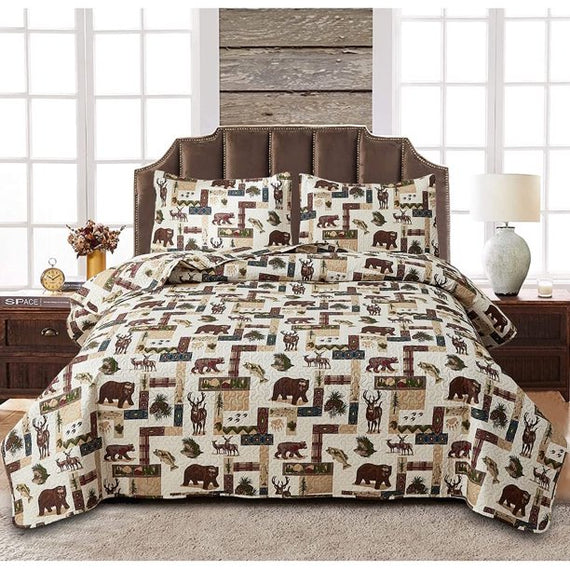 Jessy Home Quilt Set Queen Size Polyester Reversible Bedding Set 3 Piece Bear Deer Bedspread Coverlet Set