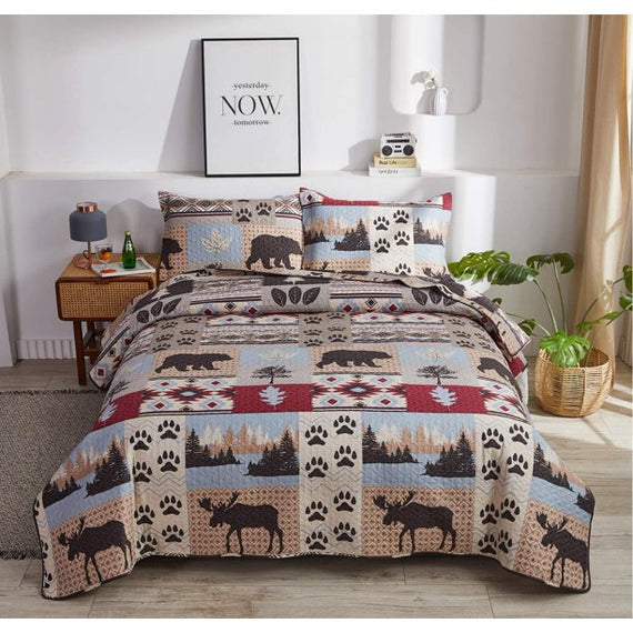 Jessy Home King Size Quilts Set Polyester Bedding Set Deer Bear Pattern 3 Piece Coverlet Set