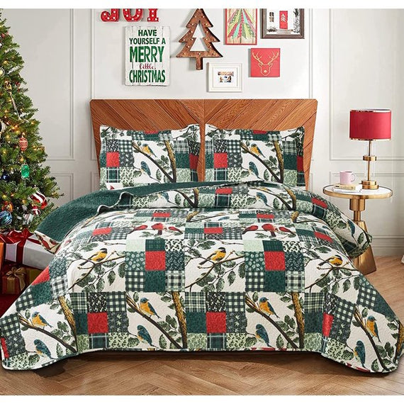 Jessy Home Quilt Set Twin Size Green Couples Bird Pattern Microfiber Blanket Coverlet