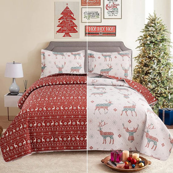 Jessy Home Queen Bedspread Moose Quilt Set Reversible Coverlet Microfiber Bedding Set