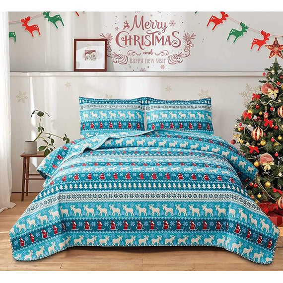 Christmas Quilt Set Queen/Full Size Lightweight Soft Moose Deer Bedspread Coverlet New Year Holiday Bedding Blue Christmas Snowman Bedsheet with Pillowshams