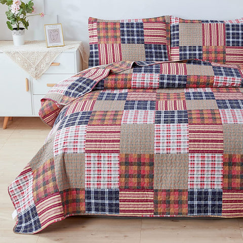 Red Blue Brown Plaid Quilts Full/Queen Size Patchwork Bedspread Soft Breathable Checked Quilt Geometric Bedding Daybed Cover Gingham Coverlet Bed Cover Set