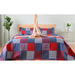 Jessy Home Queen Size Quilt Set Red Blue Patchwork Quilt Microfiber Plaid Bedspread
