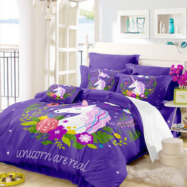 Jessy Home 3D Cartoon Unicorn Kids Bedding Set King Rose Floral Duvet Cover Girly Home Textiles Purple Bedclothes 3pcs
