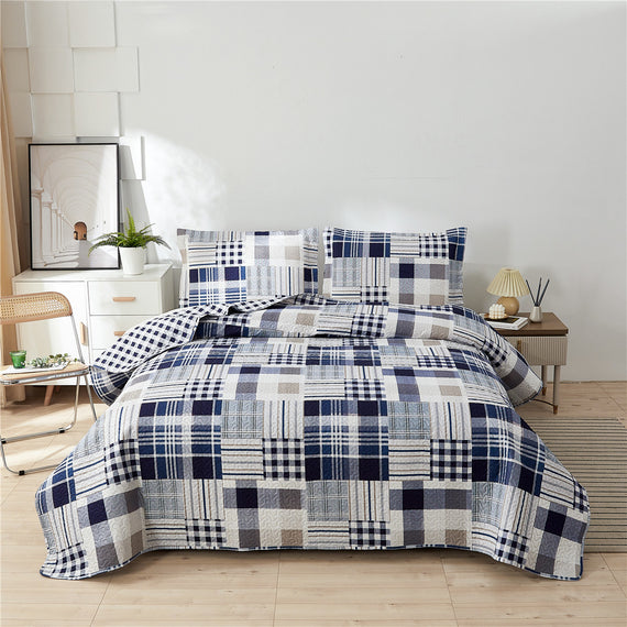 Plaid Reversible Ultra Thin Lightweight Quilt Set,Navy Blue Grid Coverlet Bedspread Quilted Bed Sheets with Pillow Shams,Dark Blue White Checkered Bedding Sets for Spring Summer(Full/Queen,Navy Blue)