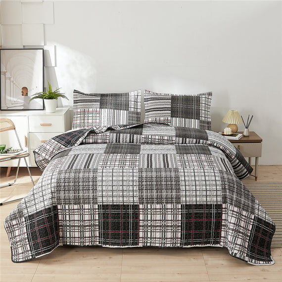 Bedspread Set Twin Size Quilt Set Plaid Bed Spread Coverlet Black White Grey Plaid Patchwork Stripe Modern Quilt Bedspread Bedding Soft Lightweight Reversible Home Bedding Mens Quilts for Twin Bed