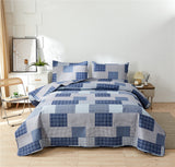 3-Piece Quilt Set King Size Blue White Plaid Quilt Patchwork Bedding Reversible Quilt Bedspread Plaid Lightweight Coverlet Bed Set Star Print Pattern Navy Plaid Quilt for All Season